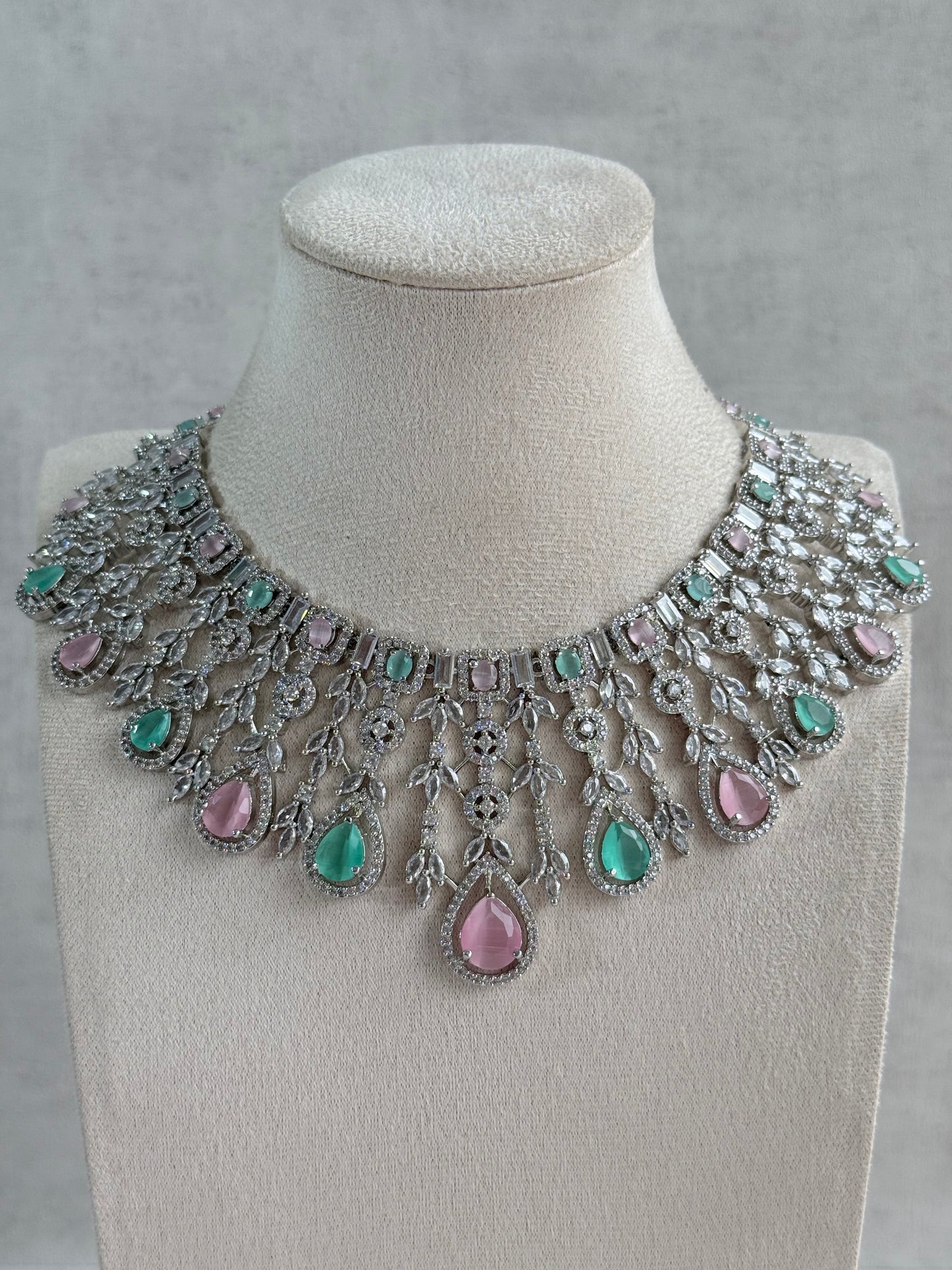 Ayura Designs Skye Necklace Set with Earrings – Blush Pink & Mint Green Stones with Crystal Detailing in Silver Finish
