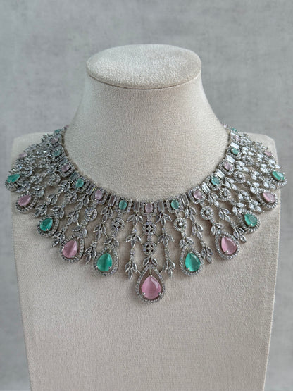 Ayura Designs Skye Necklace Set with Earrings – Blush Pink & Mint Green Stones with Crystal Detailing in Silver Finish