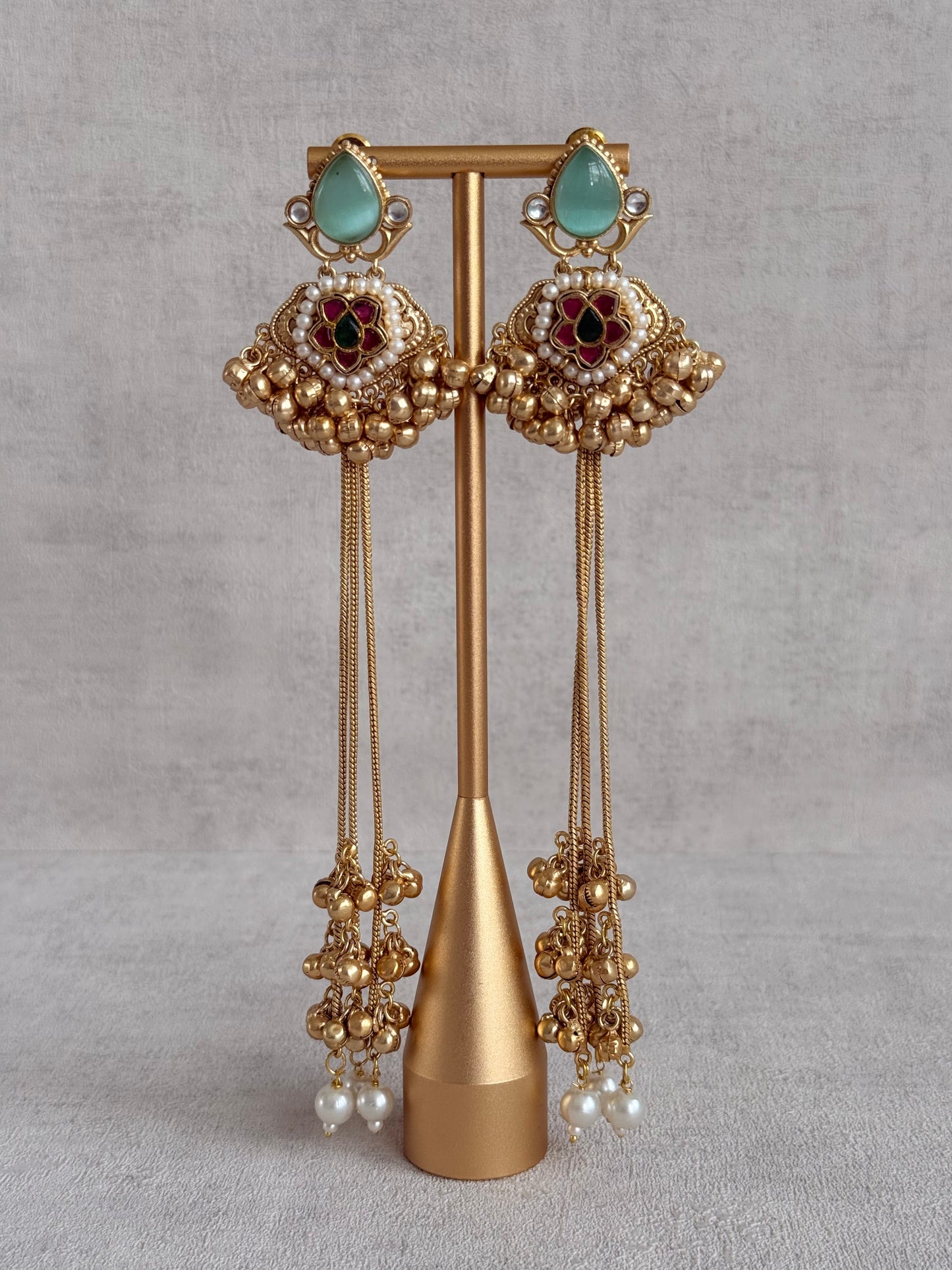 Ayura Designs Nishat Earrings – Kashmiri Duster Earrings with Mint Green Stones, Pearl Drops & Ghungroo Detailing