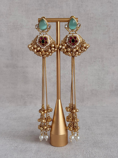 Ayura Designs Nishat Earrings – Kashmiri Duster Earrings with Mint Green Stones, Pearl Drops & Ghungroo Detailing