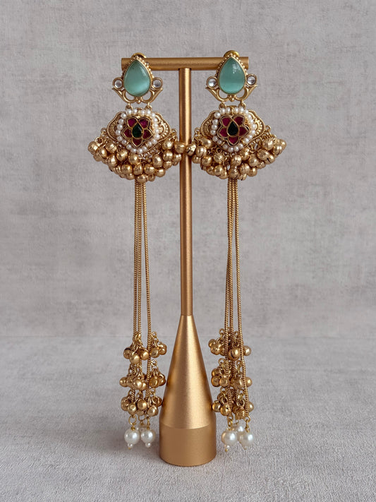 Ayura Designs Nishat Earrings – Kashmiri Duster Earrings with Mint Green Stones, Pearl Drops & Ghungroo Detailing