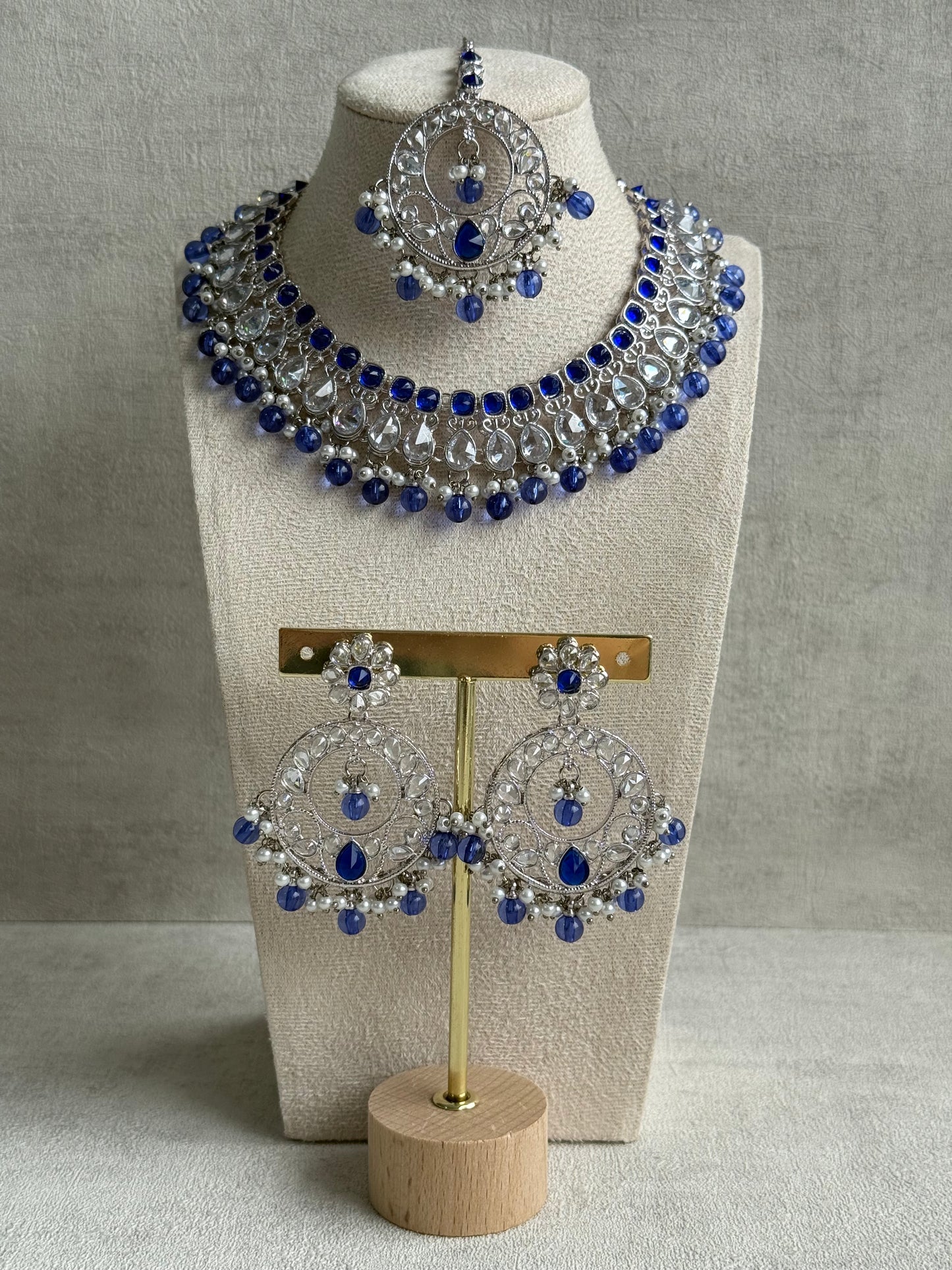 Ayura Designs Rija Set – Necklace, Earrings & Tikka with Ink Blue Beads, Mirror-Cut Stones & Silver Finish