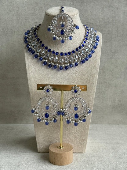 Ayura Designs Rija Set – Necklace, Earrings & Tikka with Ink Blue Beads, Mirror-Cut Stones & Silver Finish
