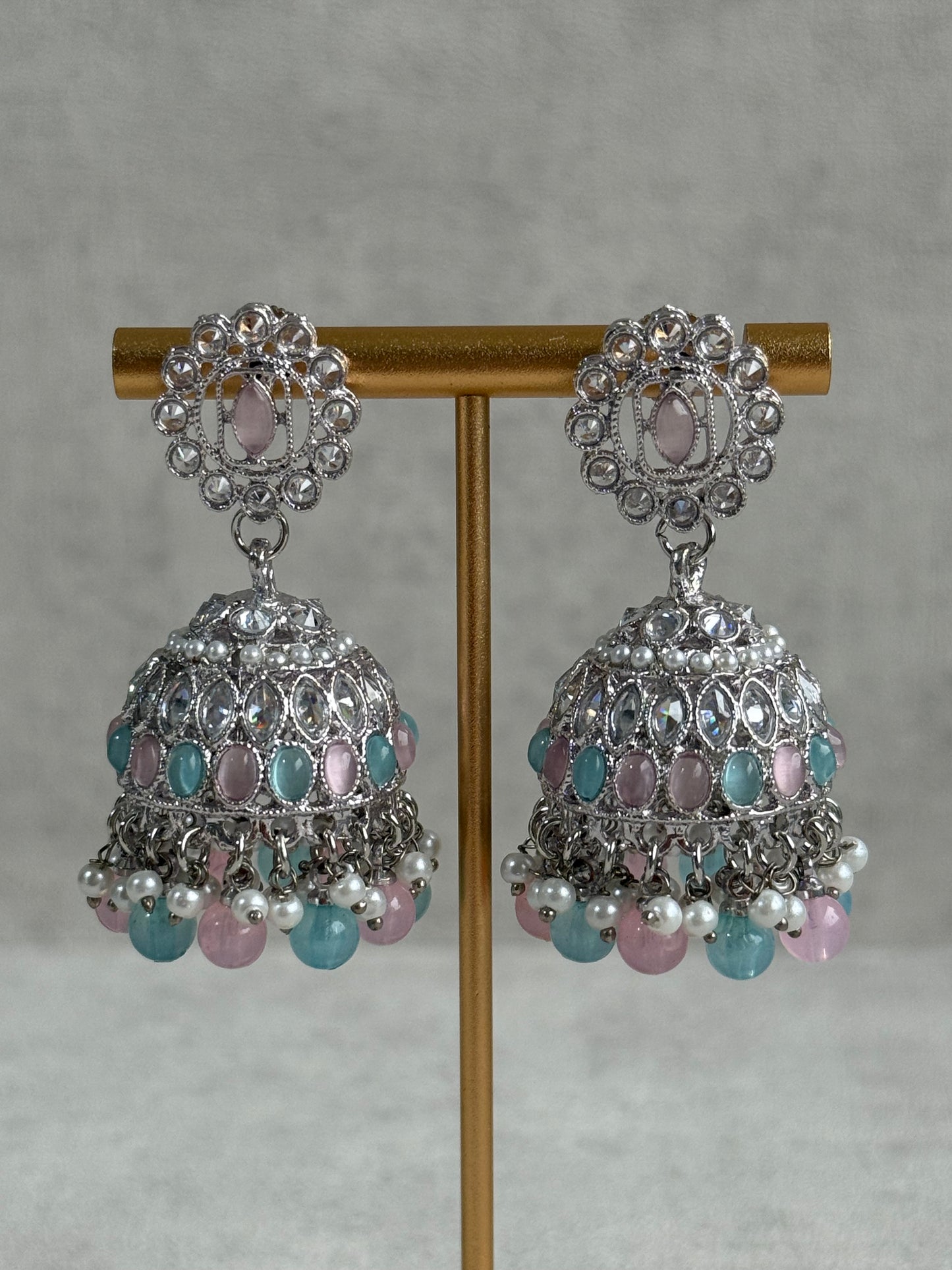 Ayura Designs Rayal Set – Silver Necklace, Jhumkis & Tikka with Aqua Blue, Blush Pink & Pearl Detailing