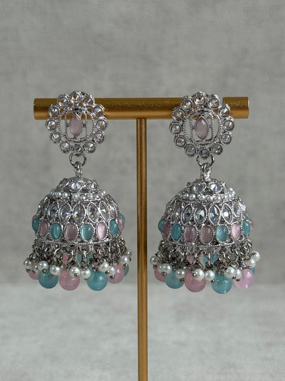 Ayura Designs Rayal Set – Silver Necklace, Jhumkis & Tikka with Aqua Blue, Blush Pink & Pearl Detailing