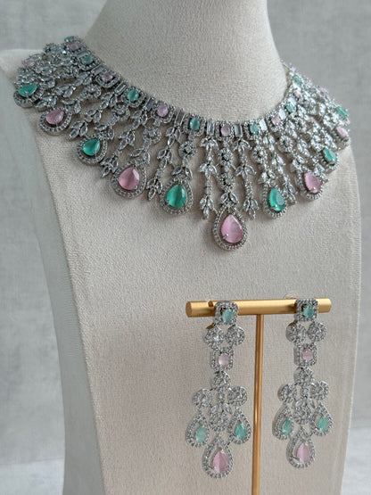 Ayura Designs Skye Necklace Set with Earrings – Blush Pink & Mint Green Stones with Crystal Detailing in Silver Finish