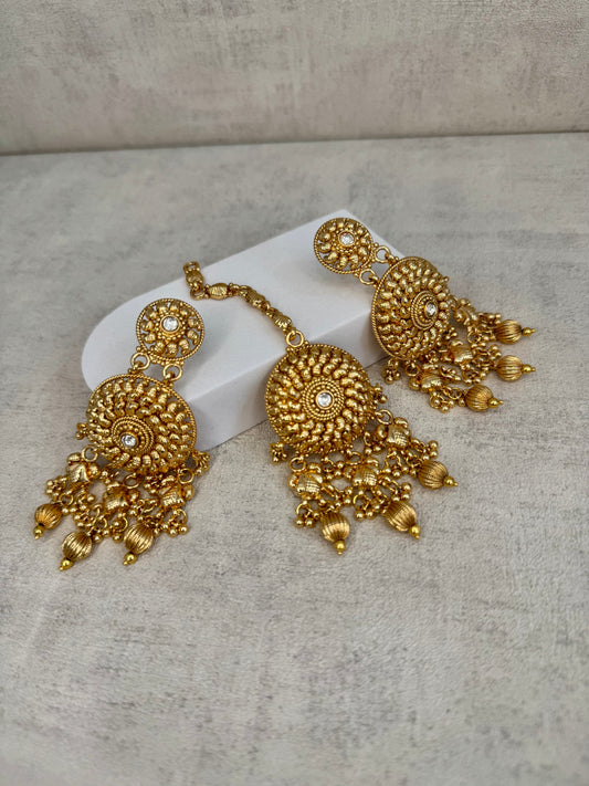 Ayura Designs Hoor Tikka & Earrings – Opulent Gold Adornment with Beads
