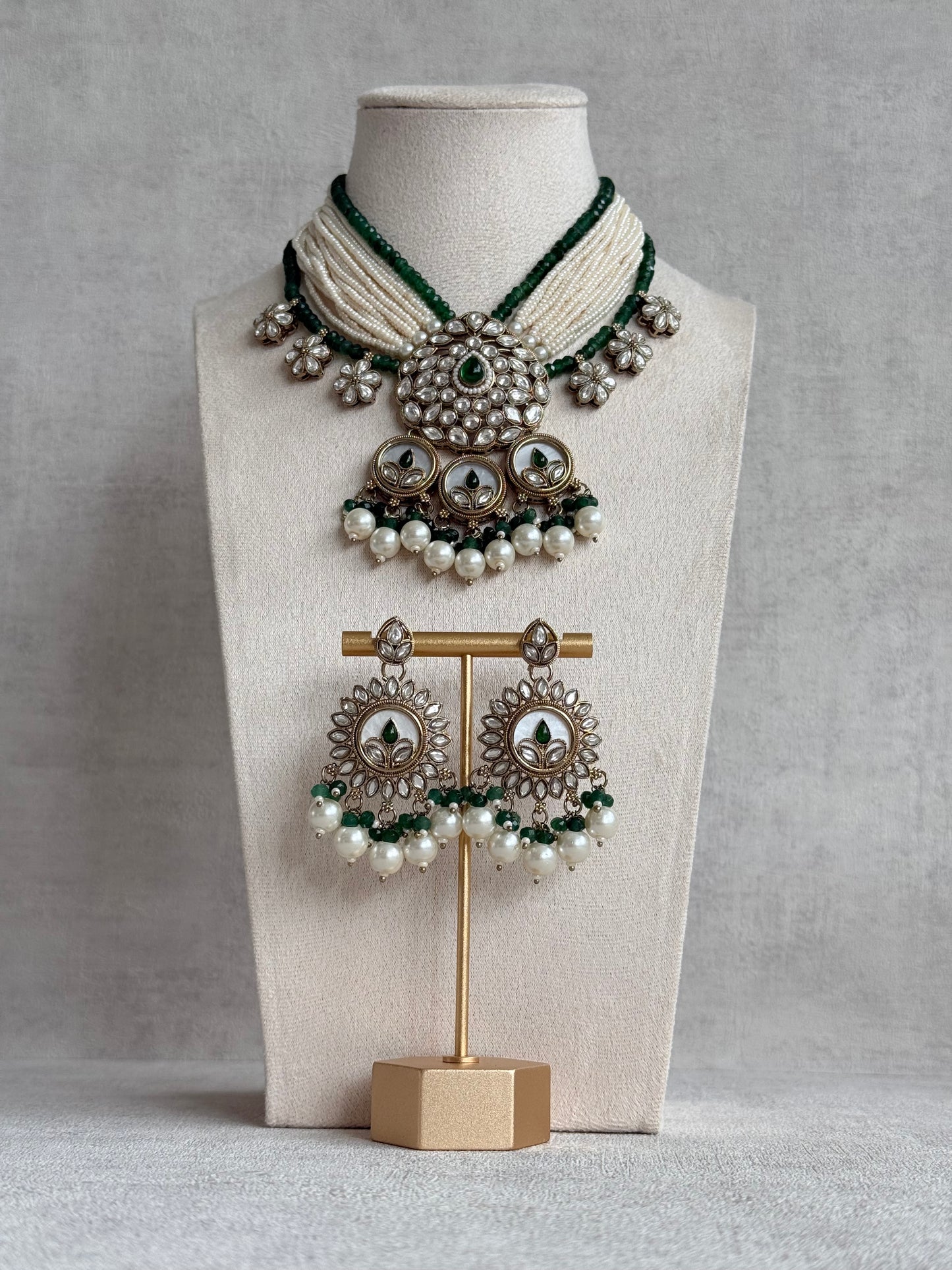 Ayura Designs Callie Set with Earrings – Emerald Green, Ivory Pearl & Jadau Detailing