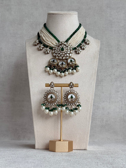Ayura Designs Callie Set with Earrings – Emerald Green, Ivory Pearl & Jadau Detailing