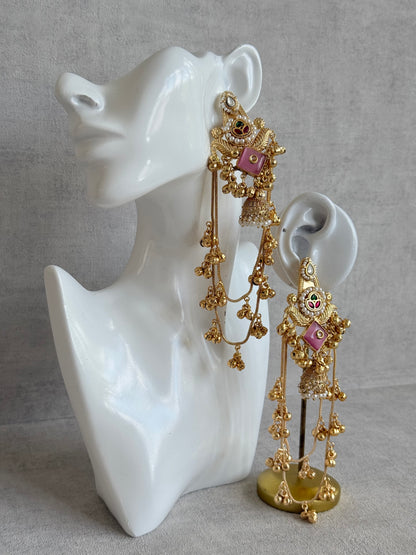 Ayura Designs Simal Earrings – Kashmiri Earrings with Pink Stone, Multicoloured Detailing, Layered Ghungroo Chains & Jhumkis