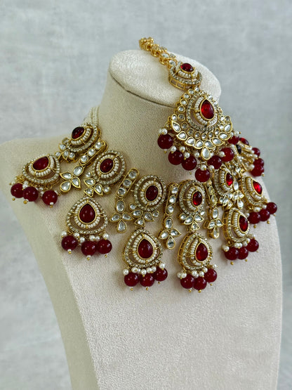 Ayura Designs Janvi Set with Necklace, Earrings & Tikka – Kundan Detailing, Ruby Red Beads & Ivory Pearl Drops