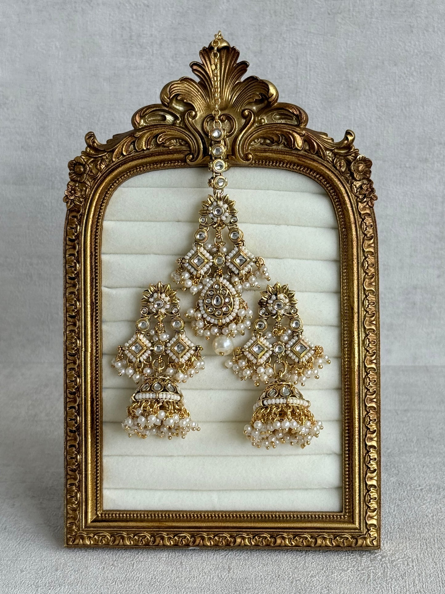 Ayura Designs Ania Tikka Set with Jhumkis – Pearl, Kundan & Gold Detailing