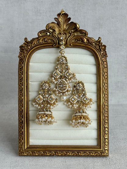 Ayura Designs Ania Tikka Set with Jhumkis – Pearl, Kundan & Gold Detailing
