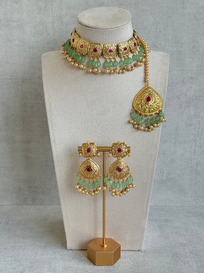 Ayura Designs Chetna Choker Set with Earrings & Tikka – Mint Green Beads, Cream Pearl Drops with Pipal Patti Detailing