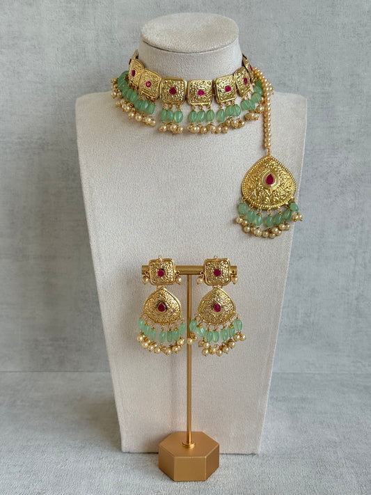 Ayura Designs Chetna Choker Set with Earrings & Tikka – Mint Green Beads, Cream Pearl Drops with Pipal Patti Detailing
