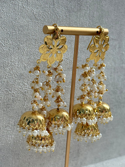Ayura Designs Sassi Earrings – Pippal Patti Triple Jhumki Earrings with Pearl Cluster Detailing