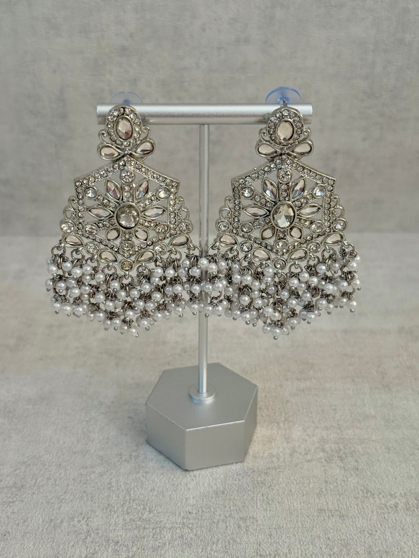 Ayura Designs Prija Earrings – Crystal Floral Chandeliers with Pearl Cluster Drops