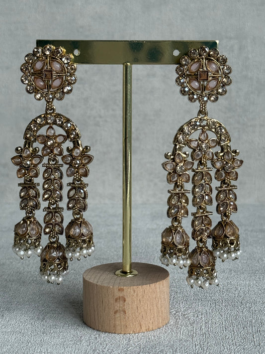 Ayura Designs Soraya Earrings – Blush Pink Stones, Champagne Crystals, Pearl Detailing & Gold Finish