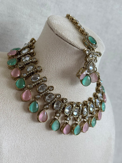 Ayura Designs Ava Necklace Set with Earrings & Tikka – Mint Green & Blush Pink Stone Necklace Set in Antique Gold Finish