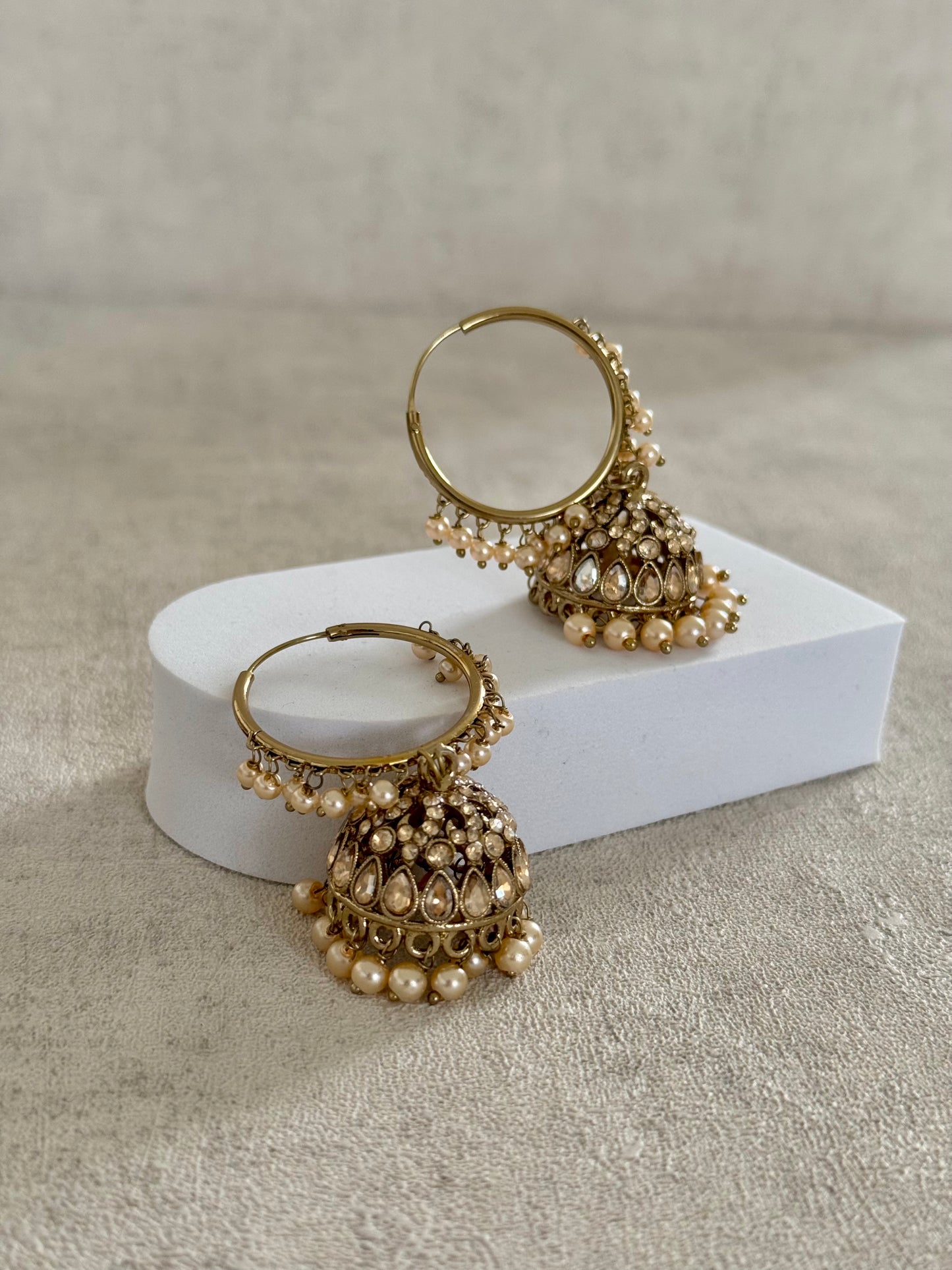 Ayura Designs Jugni Bali Jhumkas – Antique Gold with Ivory Pearl Accents