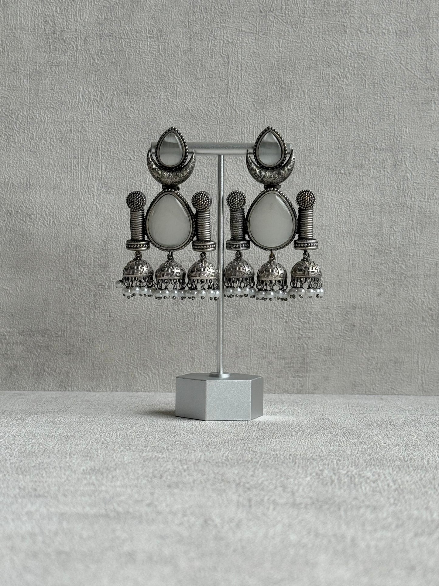 Ayura Designs Qissa Earrings – Oxidised Triple Jhumki Earrings with Opal Grey Stones & Pearl Detailing
