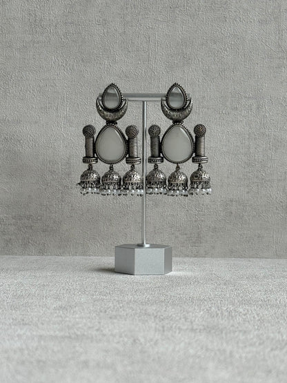Ayura Designs Qissa Earrings – Oxidised Triple Jhumki Earrings with Opal Grey Stones & Pearl Detailing