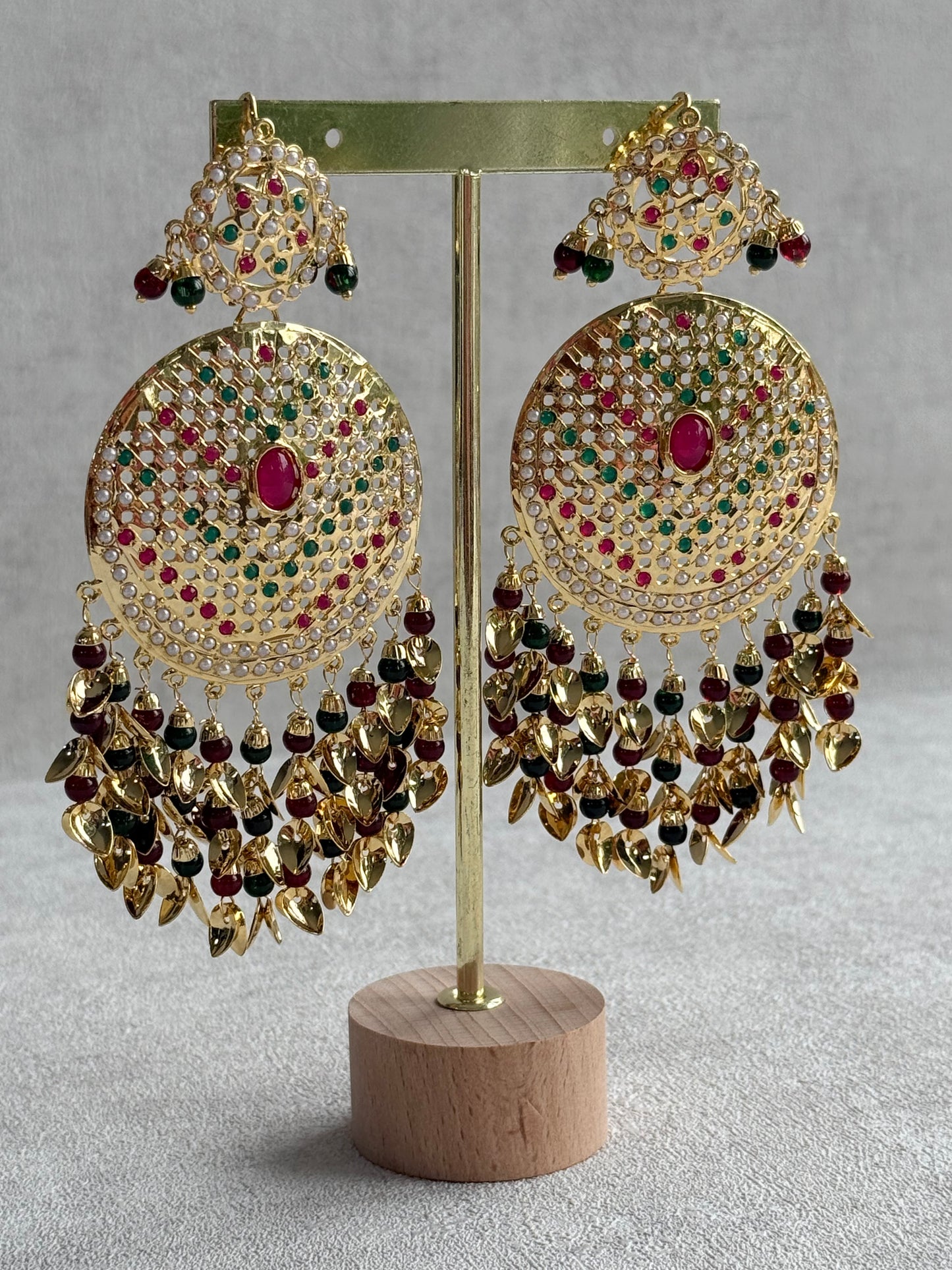 Ayura Designs Seerat Earrings – Rani Pink & Multicolour Gold Pippal Patti Design with Pearls