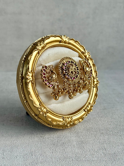 Ayura Designs Nira Adjustable Ring – Jadau-Inspired Elephant Motifs with Rani Pink Stones, Pearl Drops & Ghungroos