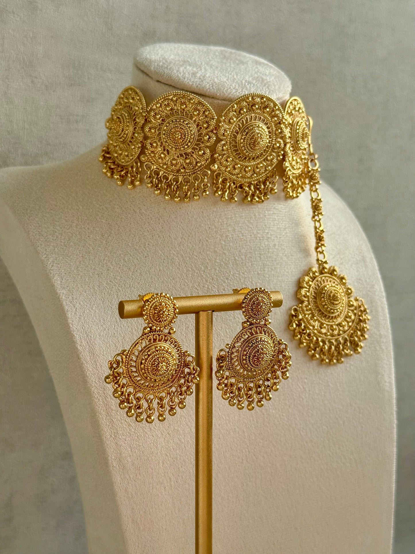 Ayura Designs Rami Choker Set with Earrings & Tikka – Antique Gold Medallions with Ghungroo Drops