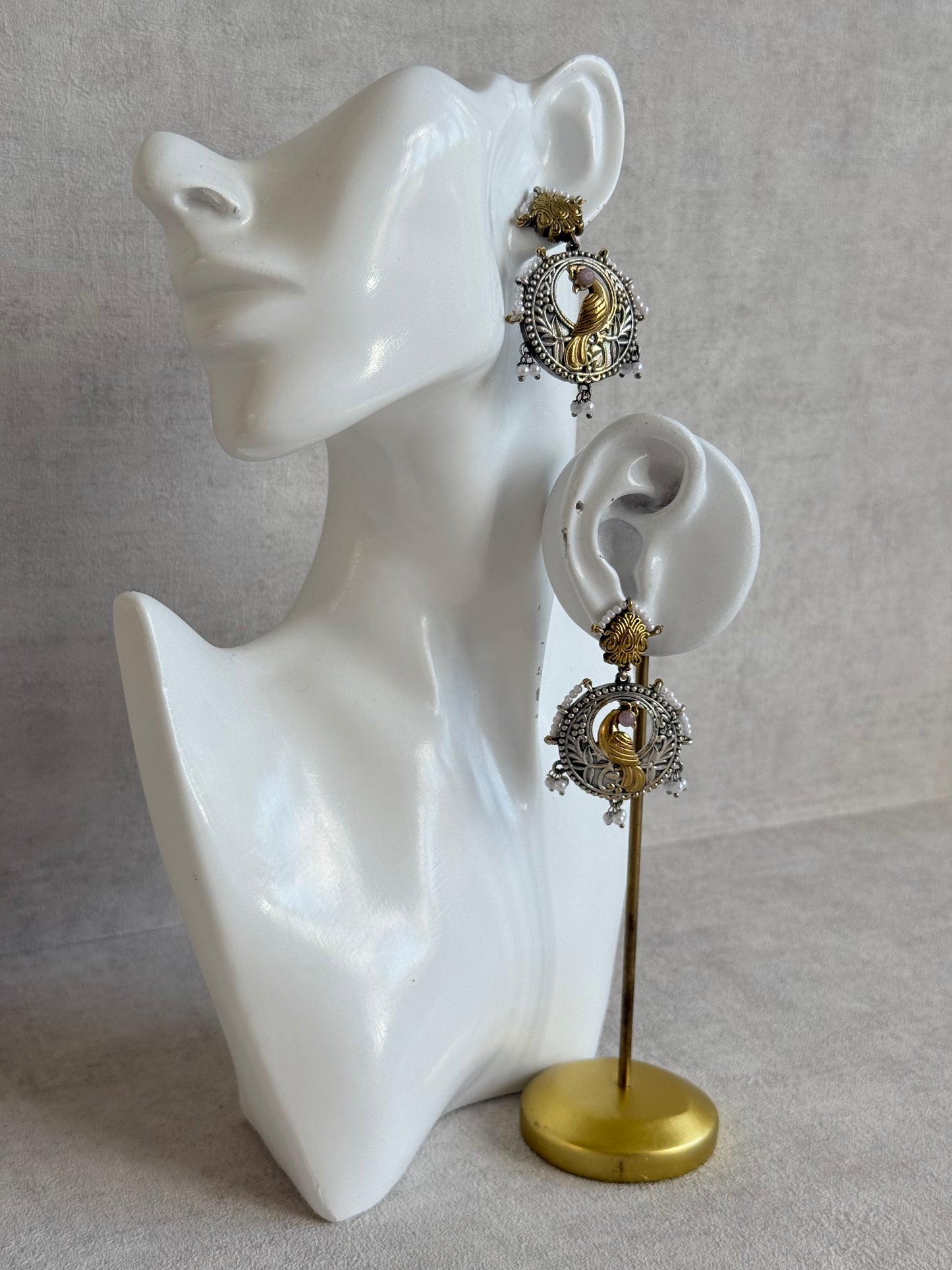 Ayura Designs Dilara Earrings – Oxidised Peacock Earrings with Pearl Detailing & Dual Tone Finish
