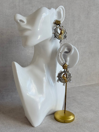 Ayura Designs Dilara Earrings – Oxidised Peacock Earrings with Pearl Detailing & Dual Tone Finish