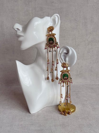 Ayura Designs Kaveri Earrings – Gold Long Chain Drop Earrings with Kundan, Pearls & Ghungroo Detailing – Emerald Green