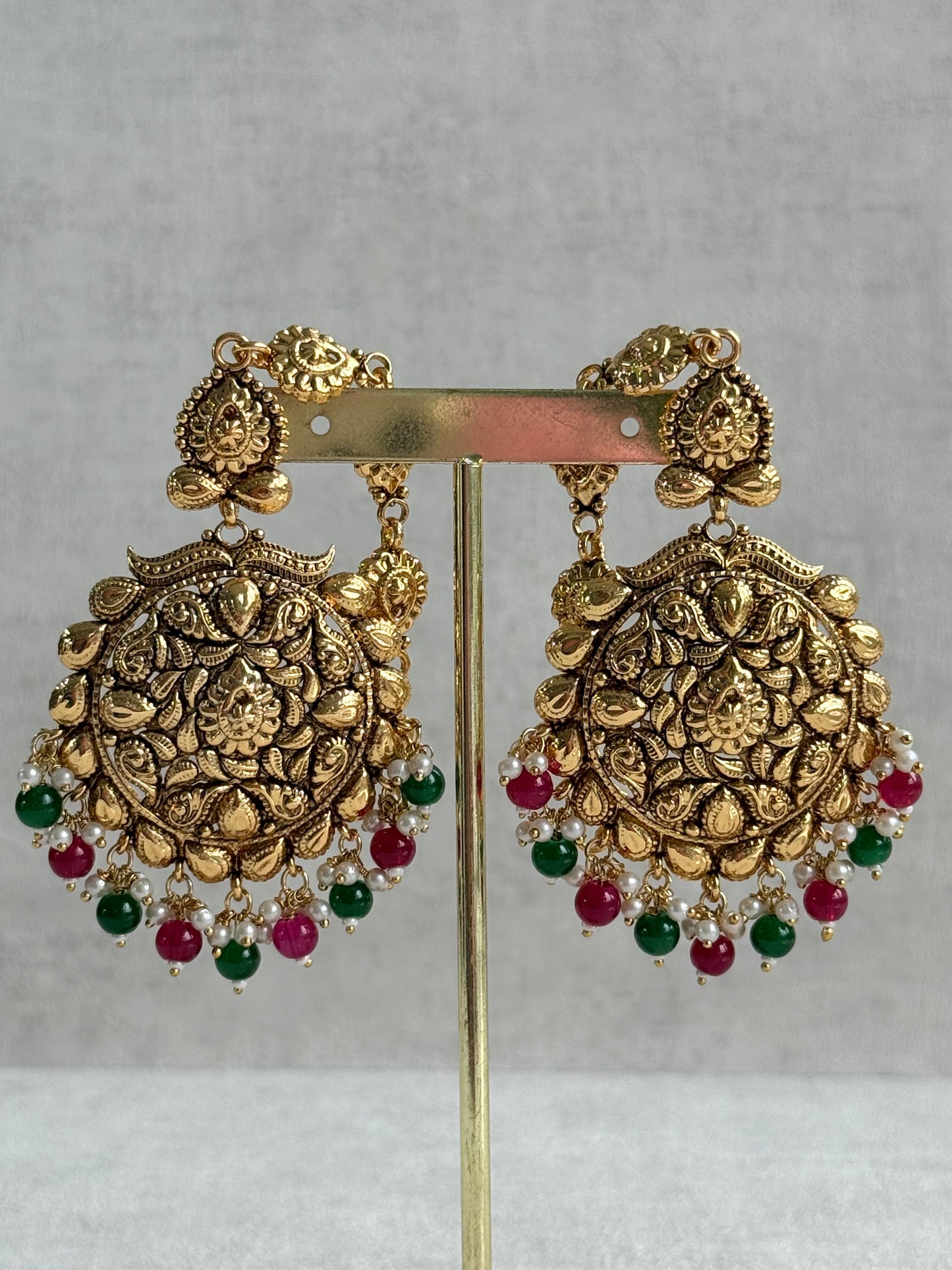 Ayura Designs Karima Choker Set with Sahare Earrings & Tikka – Waterfall Design, Rani Pink & Green Beads, Pearls & Antique Gold Finish