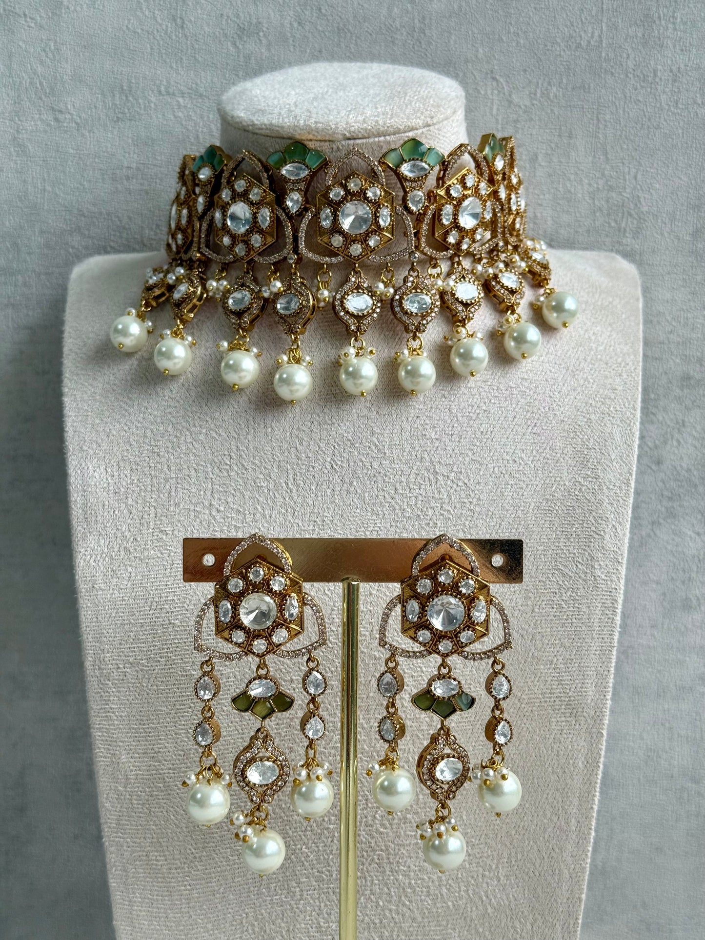 Ayura Designs Serina Choker Set with Earrings – Mint & Pistachio Enamel, Mirror-Cut Stones & Pearl Drops