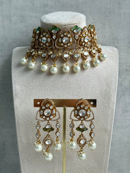 Ayura Designs Serina Choker Set with Earrings – Mint & Pistachio Enamel, Mirror-Cut Stones & Pearl Drops