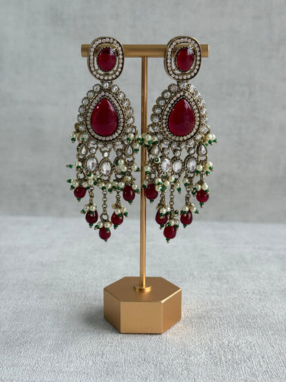 Ayura Designs Sahra Bridal Set with Earrings & Tikka – Ruby Red, Kundan Stones, Pearls & Emerald Green Accents in Antique Gold Finish