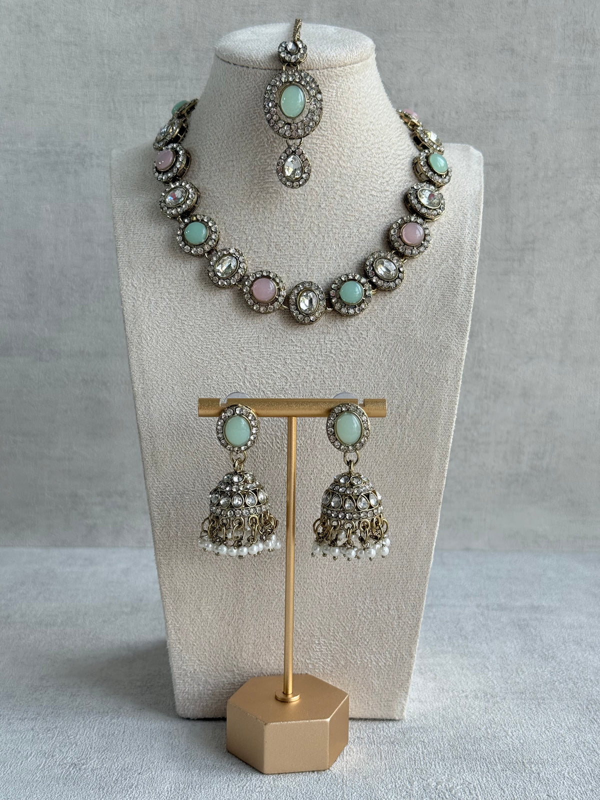 Ayura Designs Eira Necklace Set with Earrings & Tikka – Blush Pink, Mint Green & Crystal Stones with Antique Gold Finish