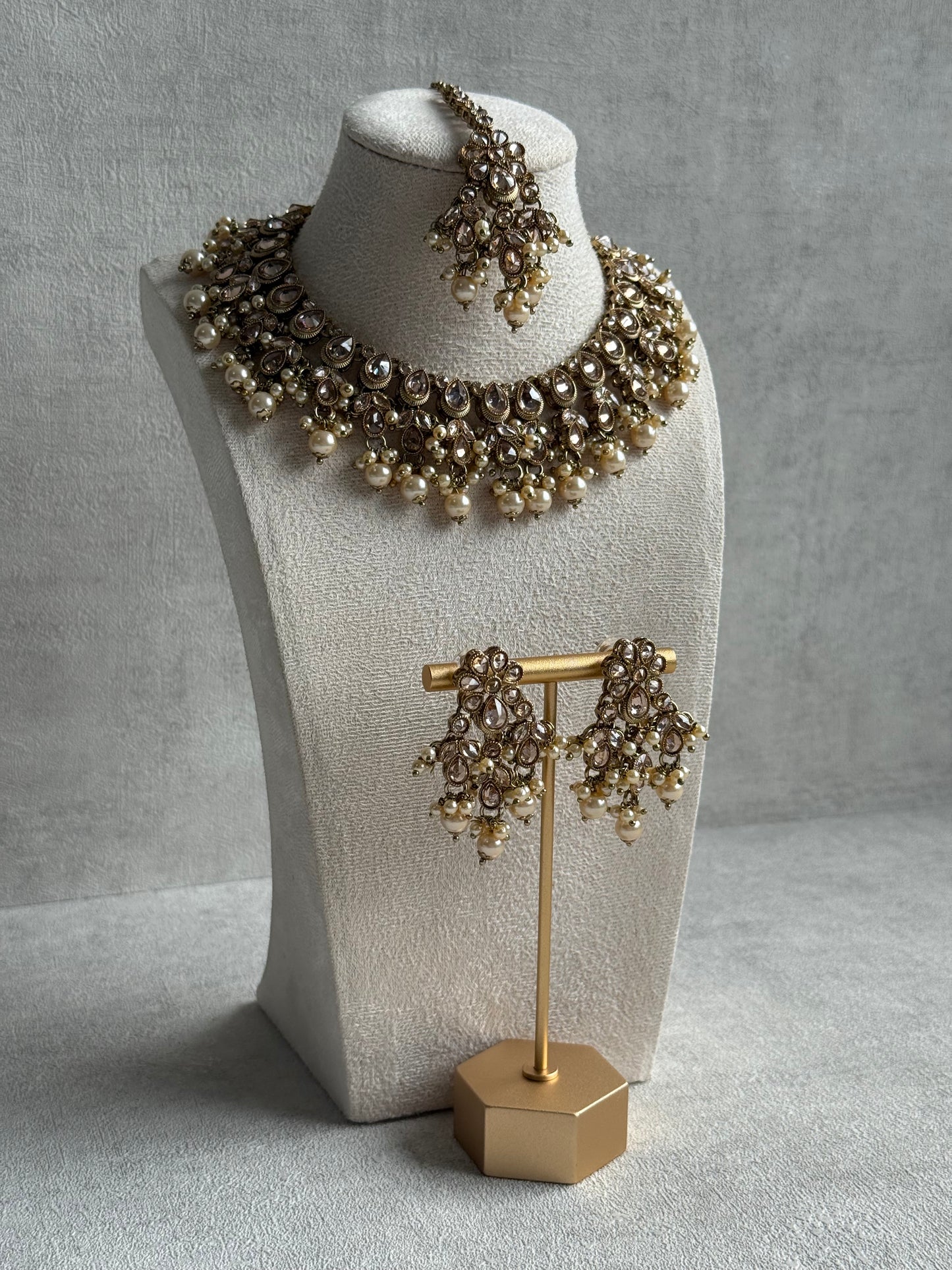 Ayura Designs Rameen Set – Necklace, Earrings & Tikka with Champagne Stones, Ivory Pearls & Antique Gold Finish