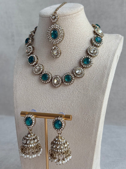 Ayura Designs Eira Necklace Set with Earrings & Tikka – Teal & Crystal Stones with Antique Gold Finish