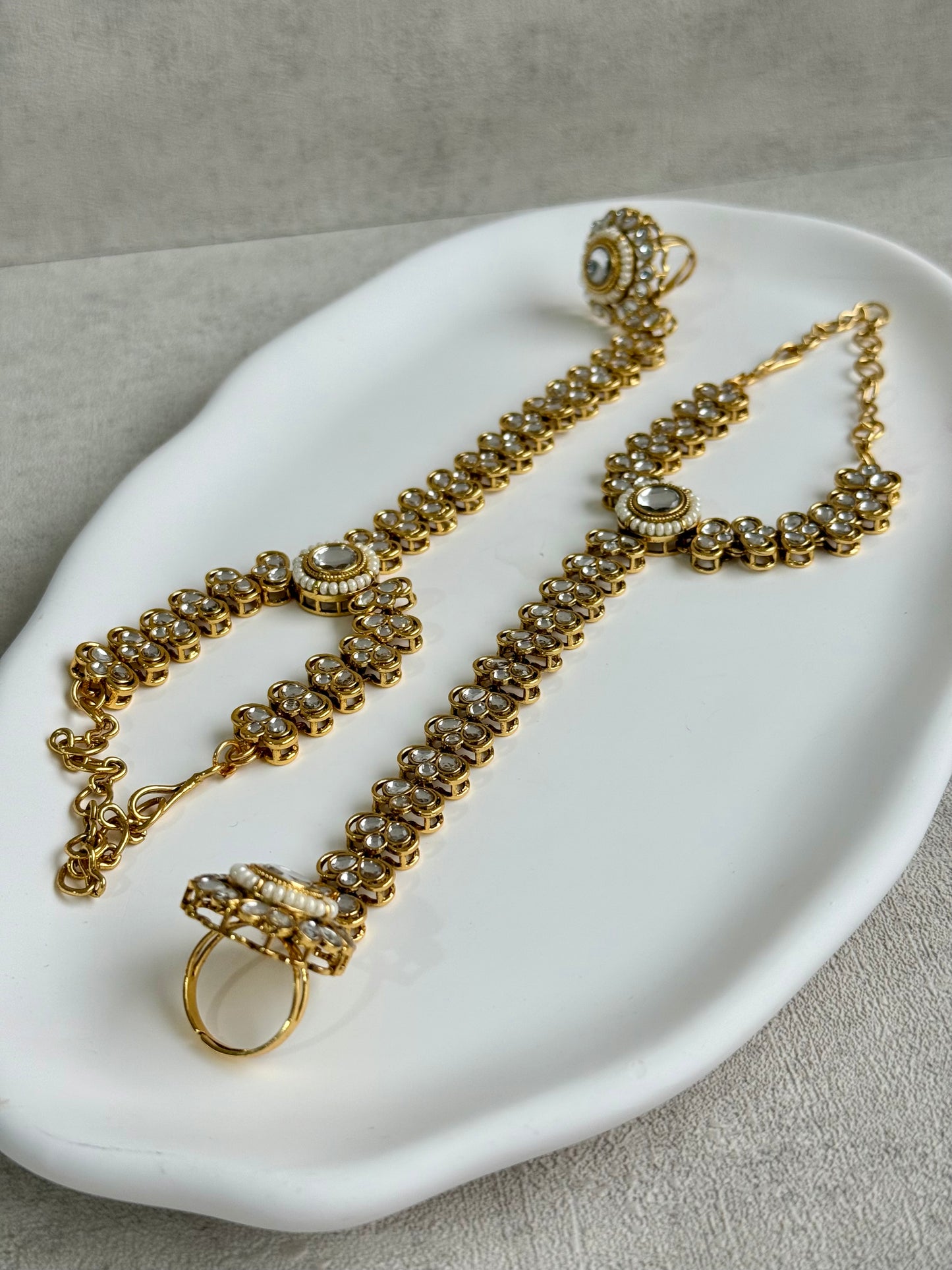 Ayura Designs Maura Haathphool – Antique Gold Hand Harness with Mirror-Cut Stones & Pearl Detailing