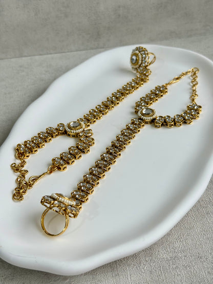 Ayura Designs Maura Haathphool – Antique Gold Hand Harness with Mirror-Cut Stones & Pearl Detailing