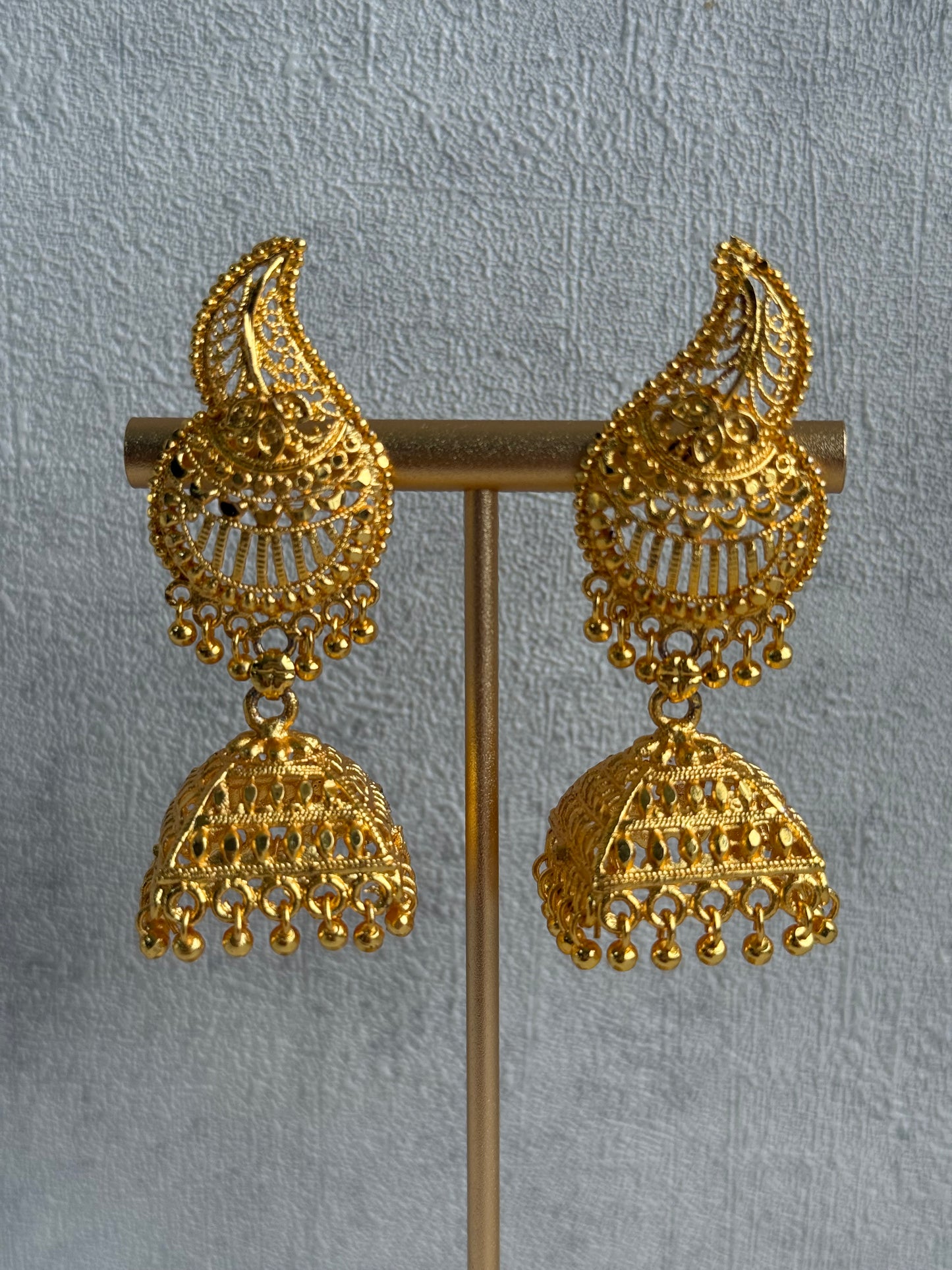 Ayura Designs Sonal Jhumkis – Antique Gold Filigree Earrings with Dome Detailing & Mini Ghungroos