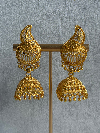 Ayura Designs Sonal Jhumkis – Antique Gold Filigree Earrings with Dome Detailing & Mini Ghungroos