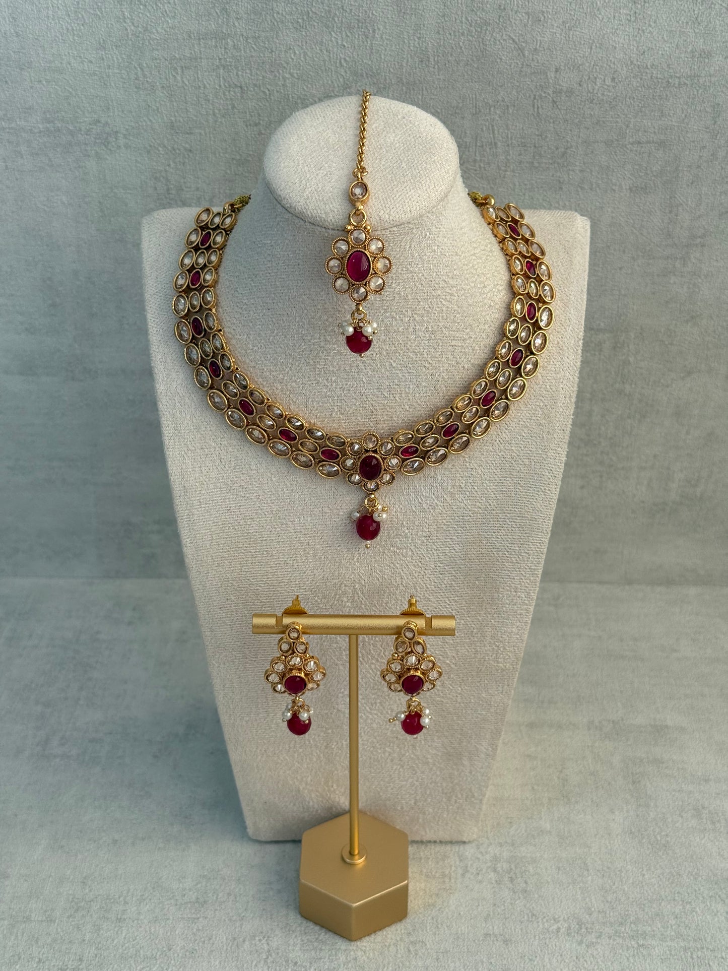 Ayura Designs Biju Set with Necklace, Earrings & Tikka – Fuchsia Pink & Ivory Pearls, Mirror-Cut Stones, Antique Gold Finish