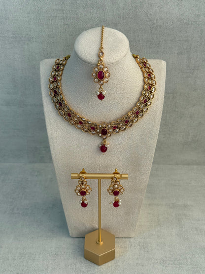 Ayura Designs Biju Set with Necklace, Earrings & Tikka – Fuchsia Pink & Ivory Pearls, Mirror-Cut Stones, Antique Gold Finish