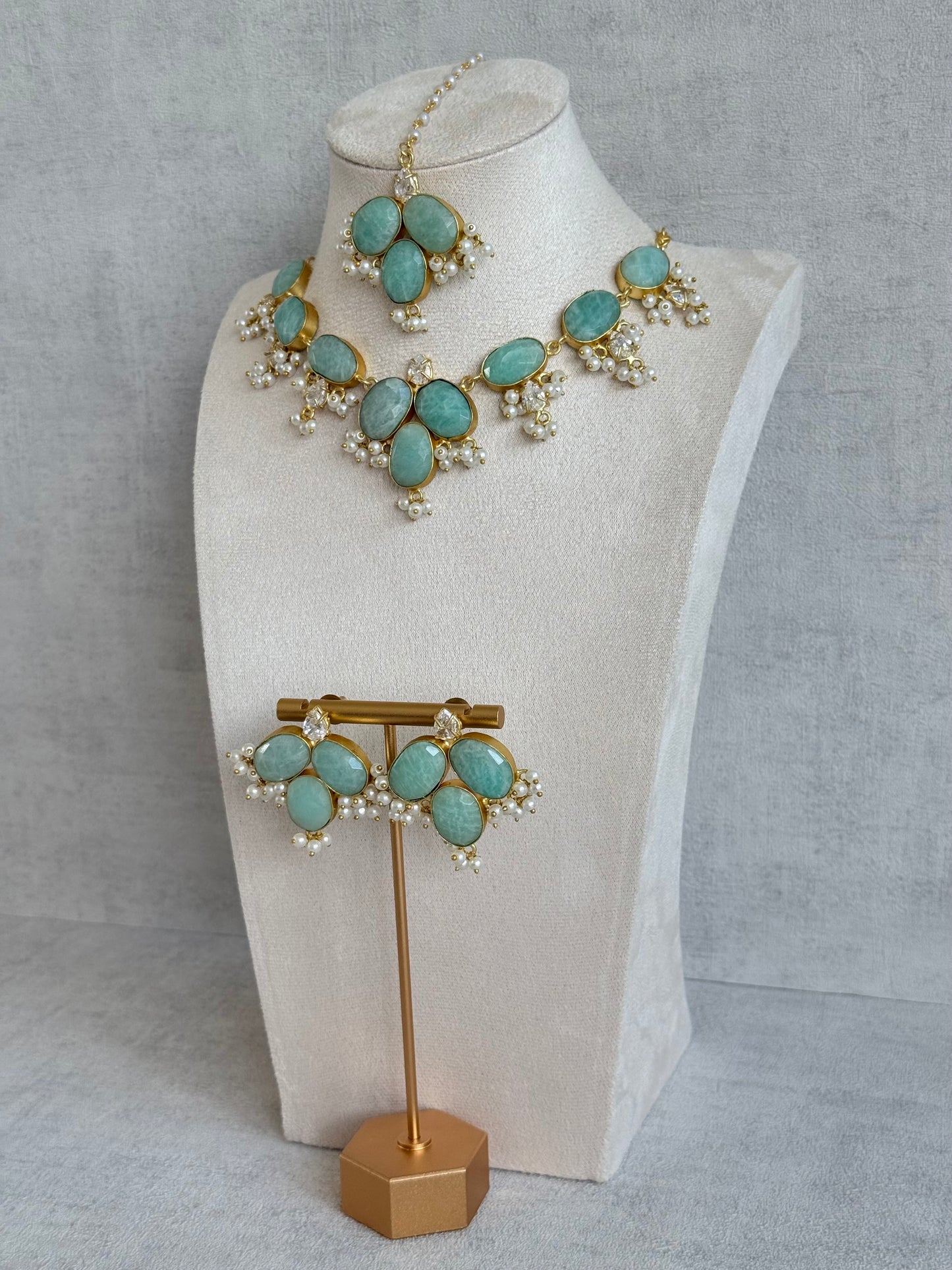 Ayura Designs Anahita Set with Tikka & Earrings – Amazonite, Crystals & Pearls