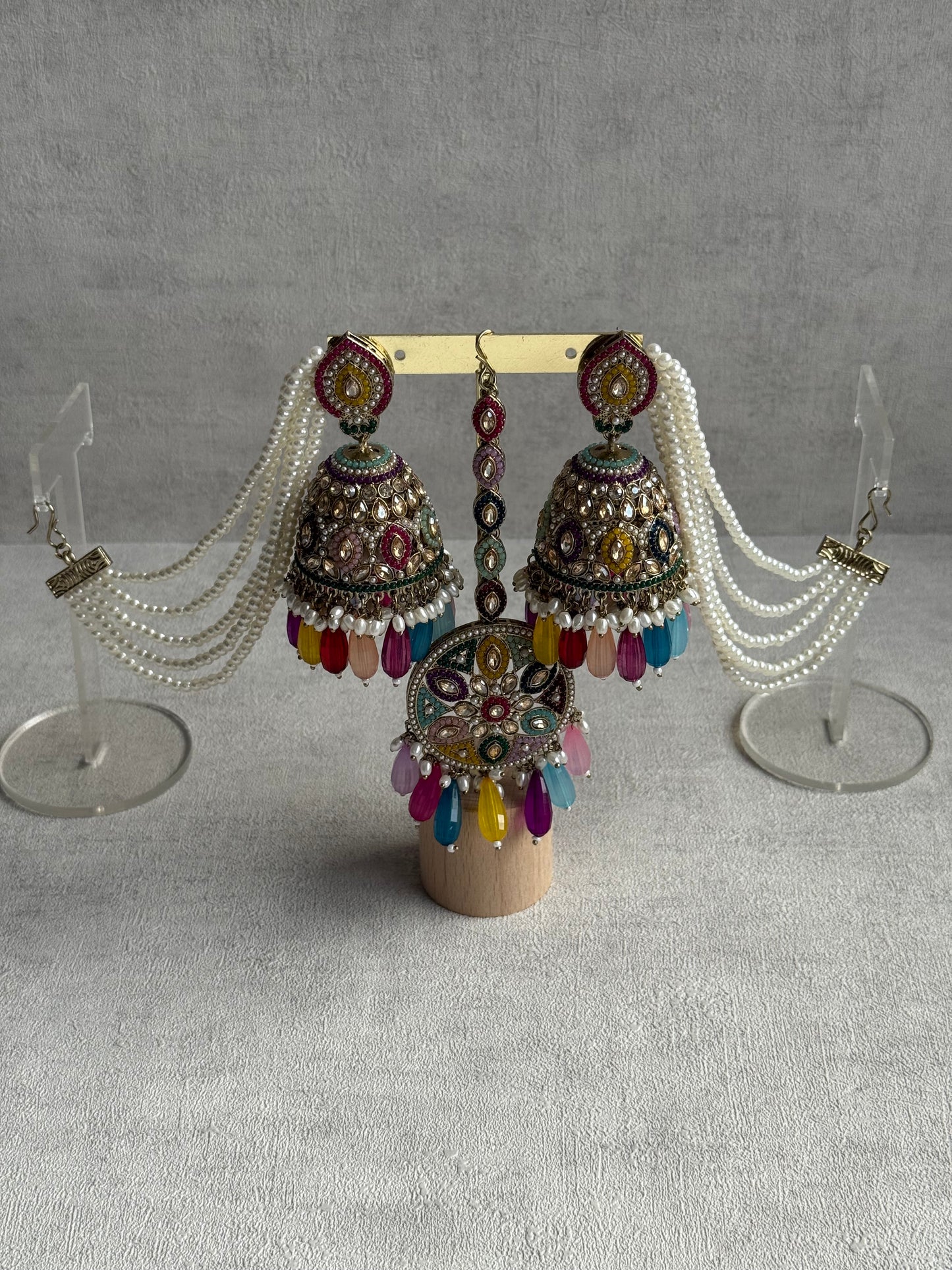 Ayura Designs Amrita Set – Jhumkis with Sahare & Tikka in Multicolour Beads, Pearls and Antique Gold Finish