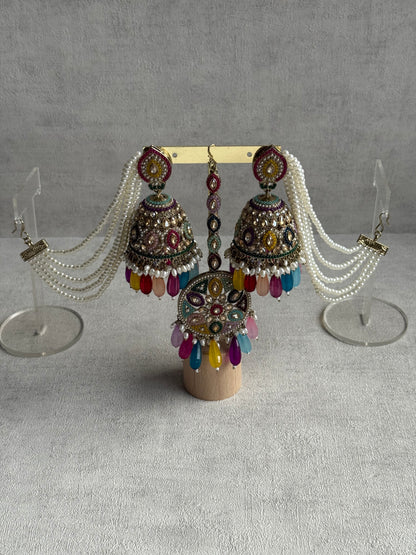 Ayura Designs Amrita Set – Jhumkis with Sahare & Tikka in Multicolour Beads, Pearls and Antique Gold Finish