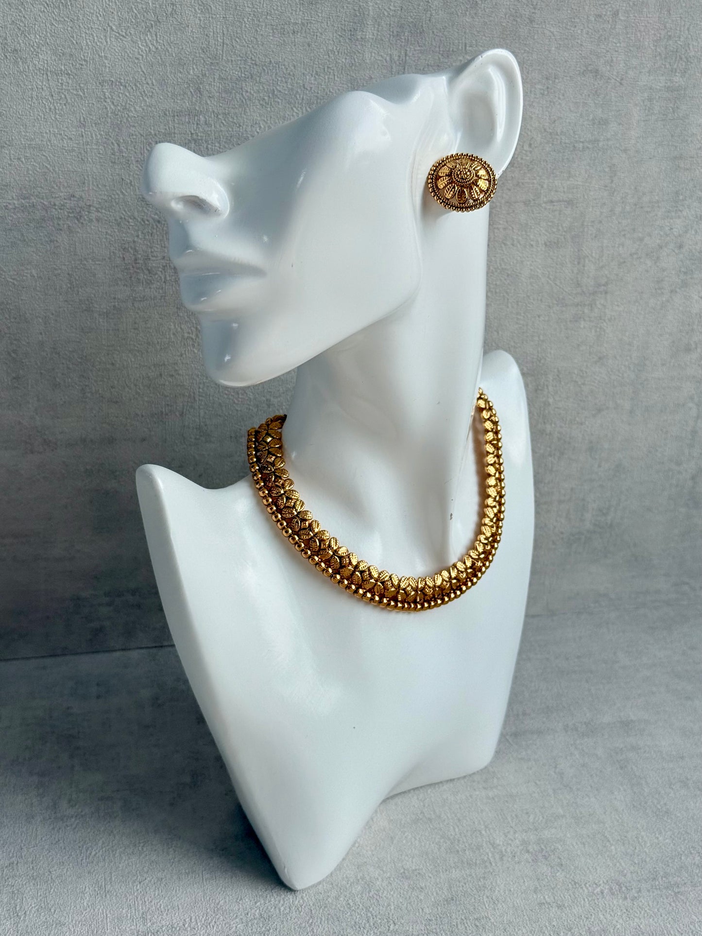 Ayura Designs Sathya Necklace Set with Stud Earrings – Antique Gold Temple Style with Textured Beadwork