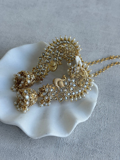 Ayura Designs Nitya Kaanphool Jhumkis – Gold Half Ear Cuff Earrings, Peacock Motifs, Kundan, Ivory Pearl Drops & Sahare